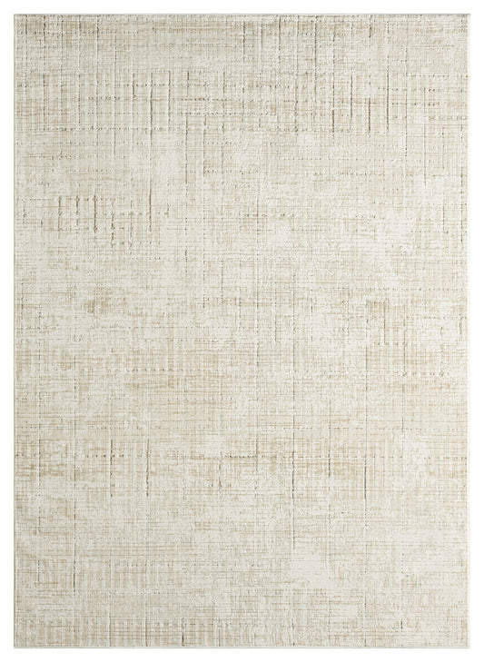 Neutral beige area rug with subtle distressed grid pattern; rectangular, soft pile, versatile for any living room.
