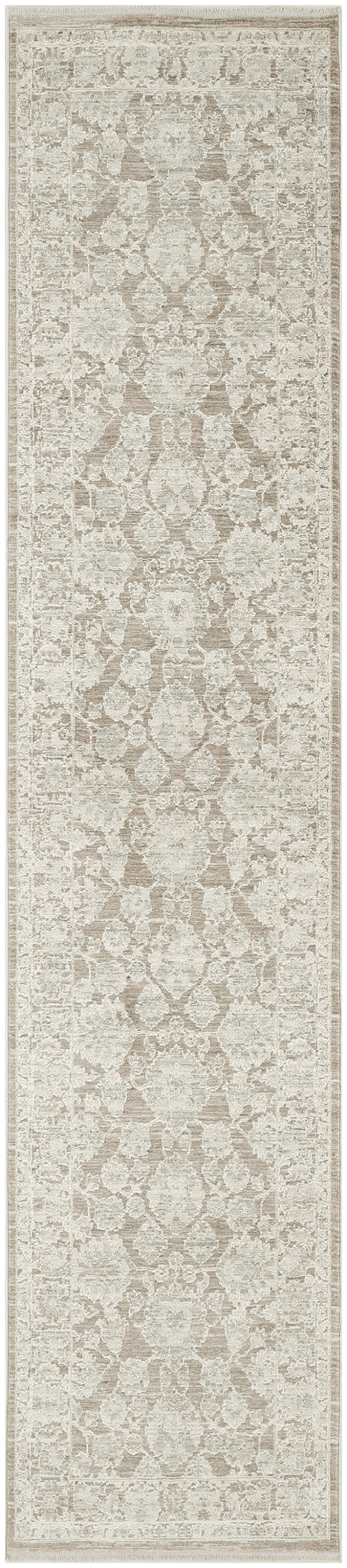 Beige & ivory distressed oriental runner rug with ornate floral lattice pattern & taupe accents.