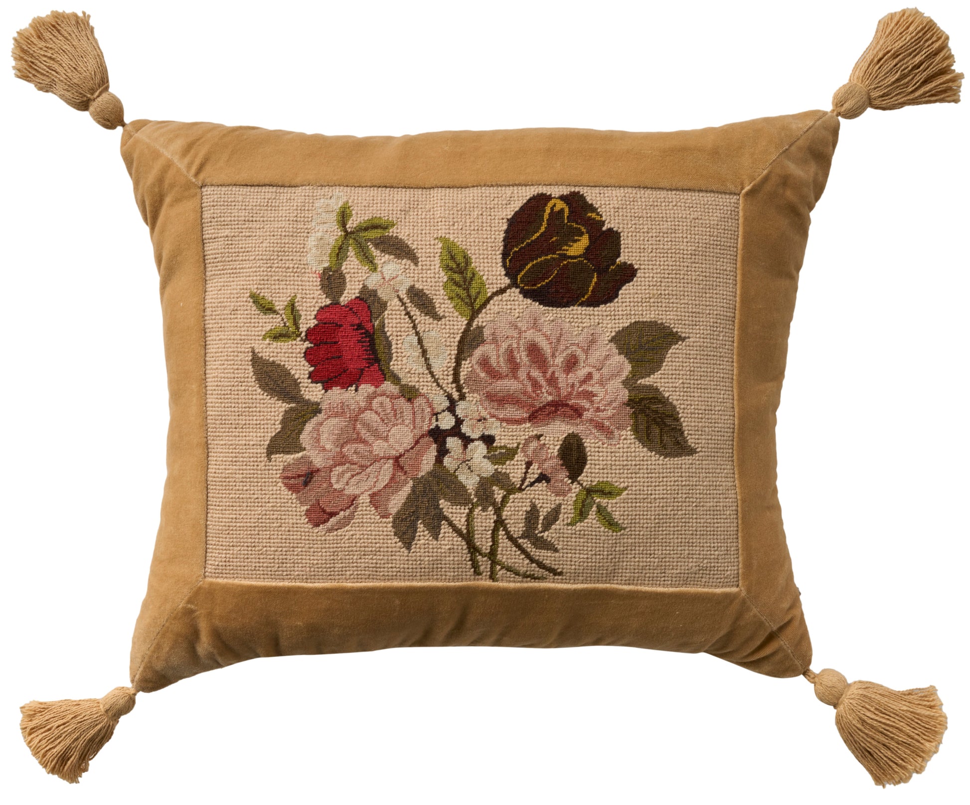 Rectangular gold velvet cushion with beige embroidered floral panel and tassels on all four corners.