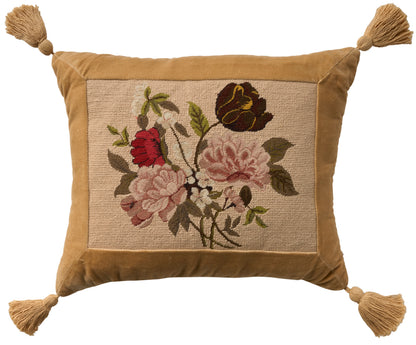 Rectangular gold velvet cushion with beige embroidered floral panel and tassels on all four corners.