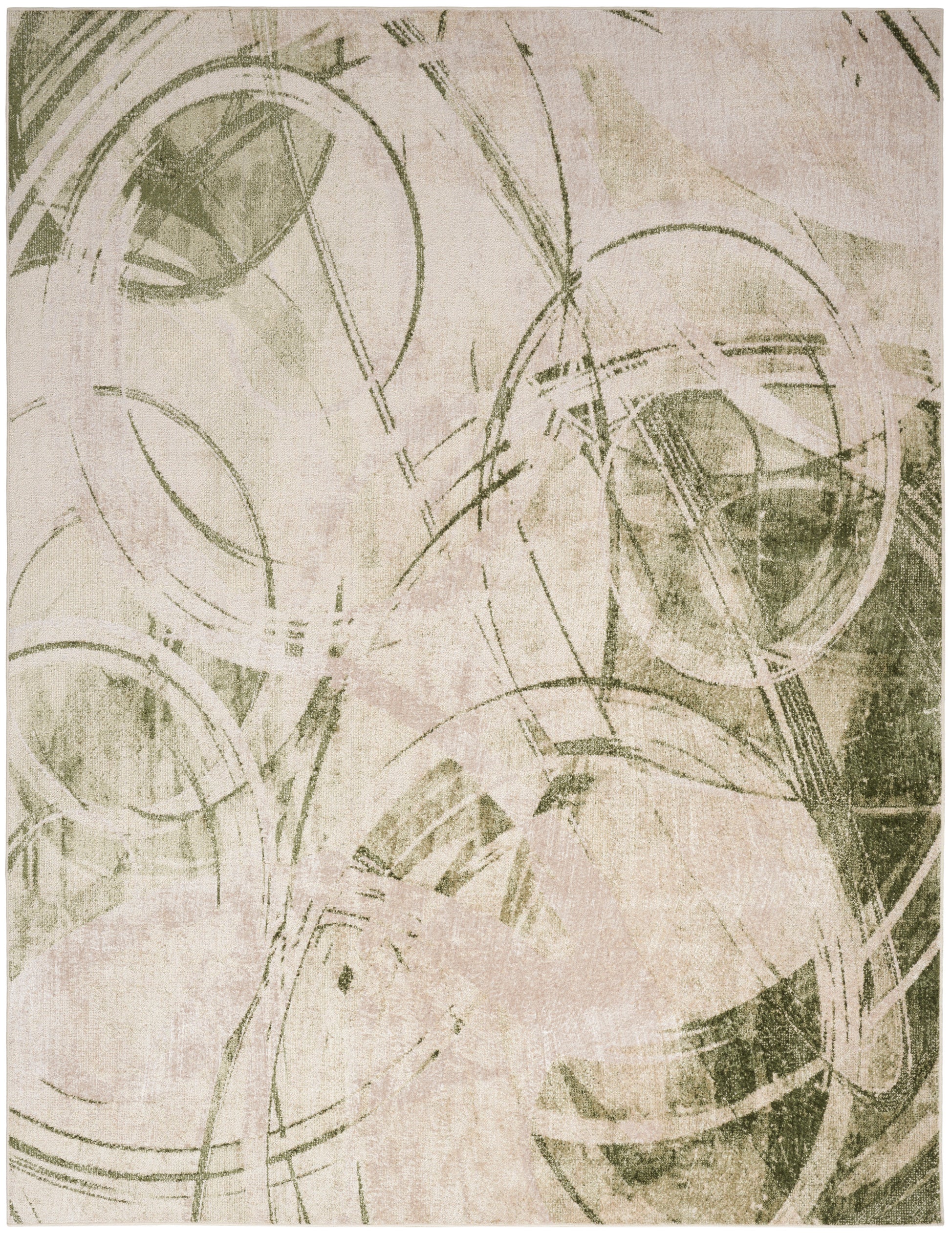 Abstract beige art print with muted green-gray circular rings and scribbled lines; textured vintage motif.