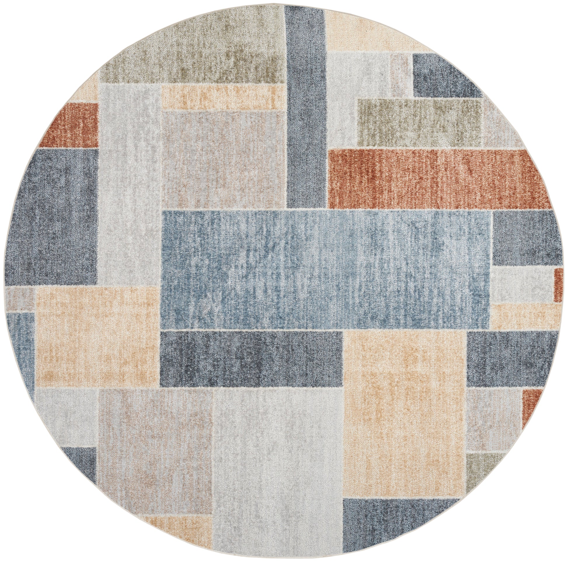 Round patchwork rug with rectangular blocks in blue, beige, gray and rust - contemporary geometric style.
