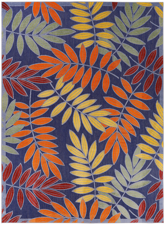 Colorful leaf-pattern rug with navy background; orange, yellow, green and pale blue leaves on curved branches.