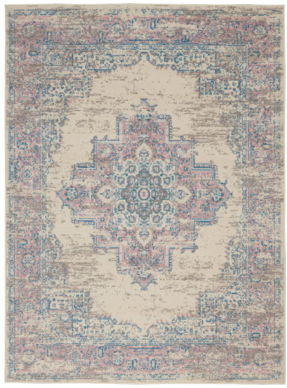 Distressed cream area rug with pink & blue central medallion and ornate border in vintage oriental motif.