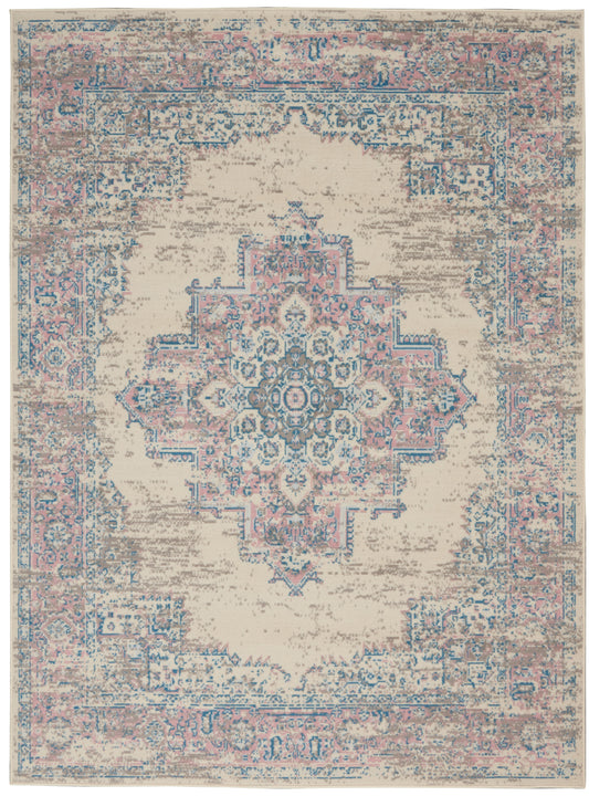 Distressed cream area rug with pink & blue central medallion and ornate border in vintage oriental motif.