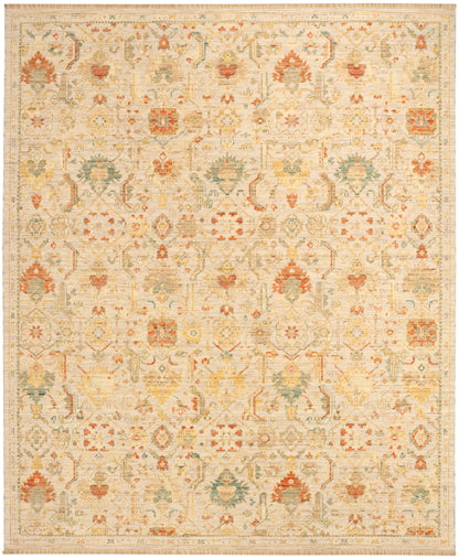 Rectangular beige oriental area rug with muted orange, teal and ivory floral motifs in a vintage distressed pattern.