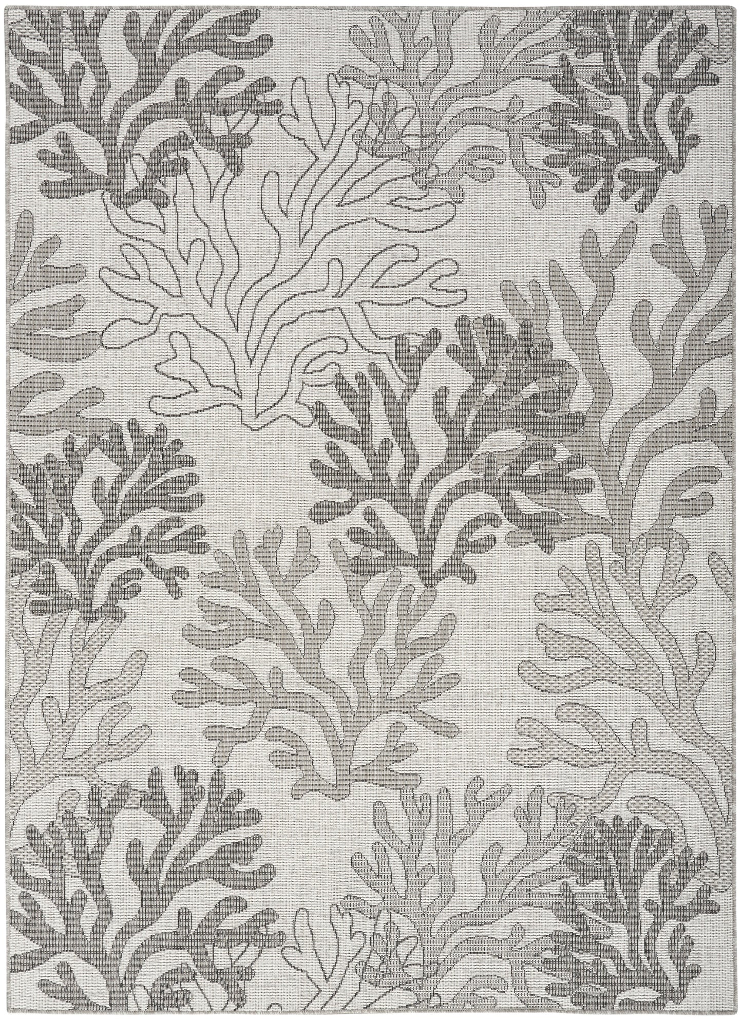 Rectangular gray woven rug with coral reef pattern in light to dark gray; modern coastal decor