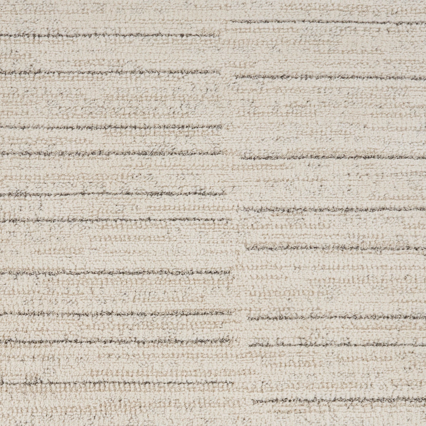 Beige woven area rug with subtle horizontal cream and taupe stripes.
