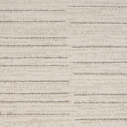 Beige woven area rug with subtle horizontal cream and taupe stripes.