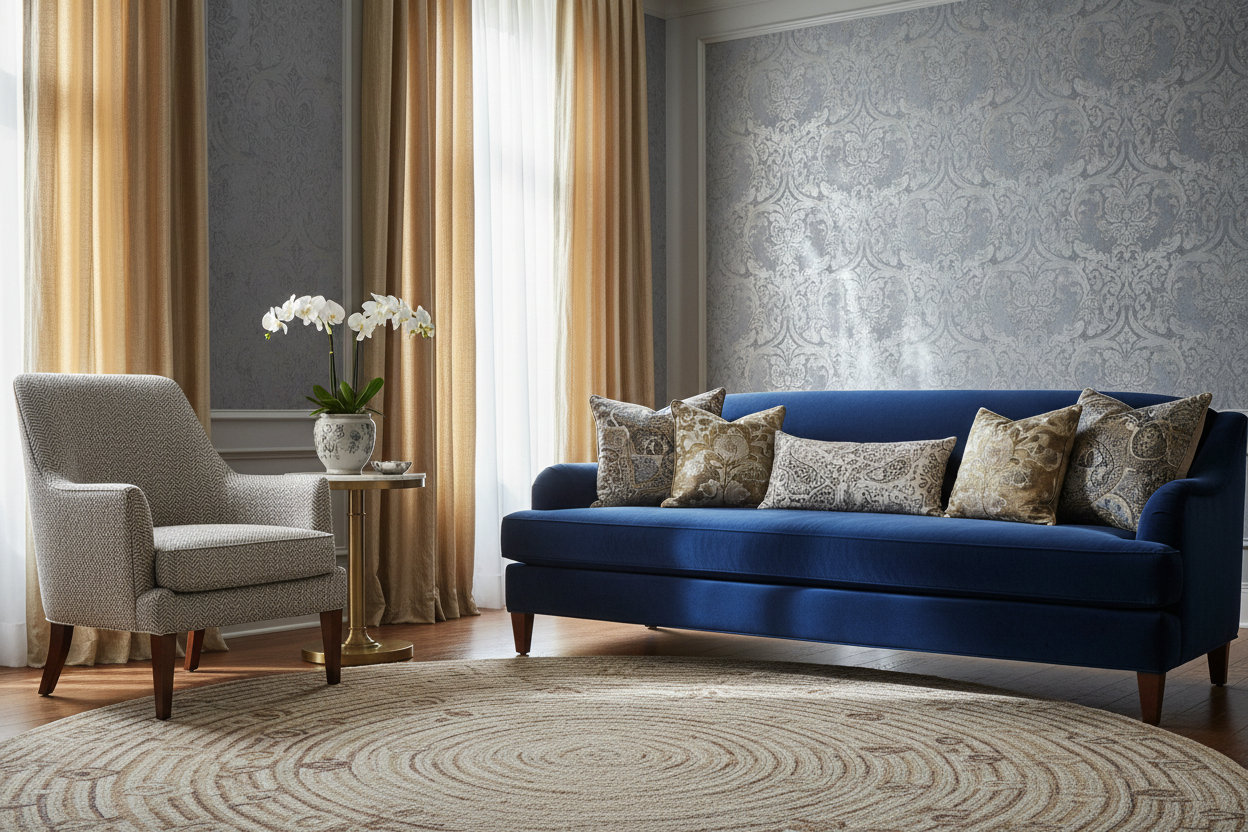 Living room with a blue sofa, gray armchair, and decorative pillows.
