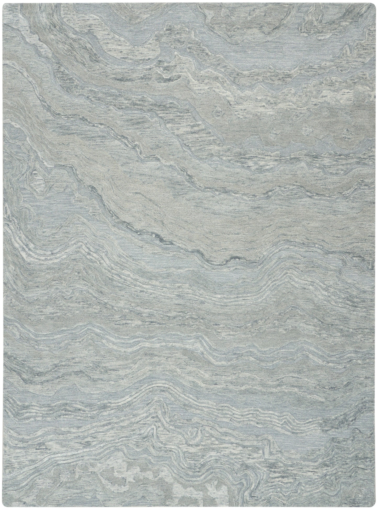 Rectangular light gray-blue area rug with marbled, wavy pattern and subtle texture; modern, versatile decor piece.