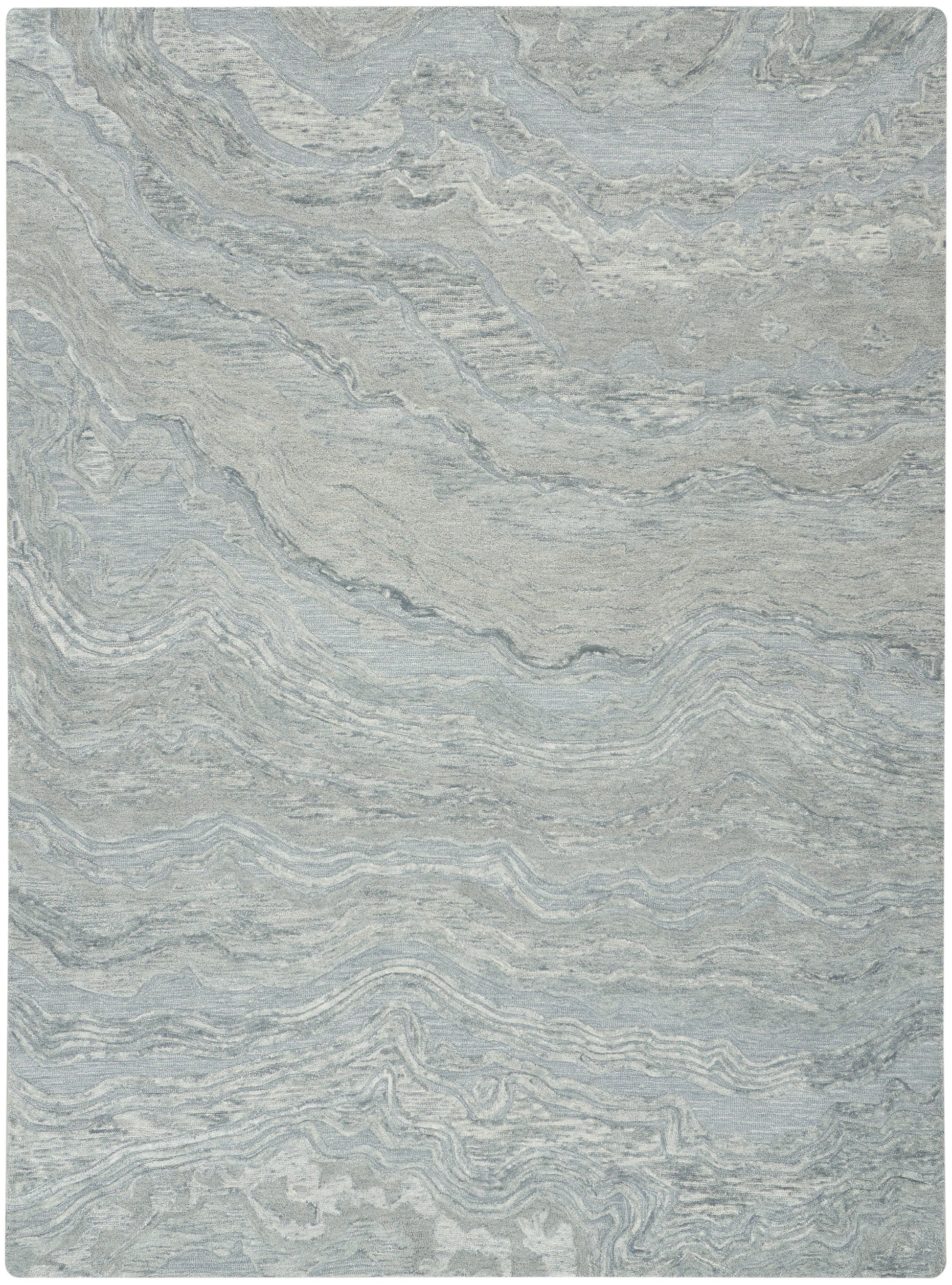 Rectangular light gray-blue area rug with marbled, wavy pattern and subtle texture; modern, versatile decor piece.