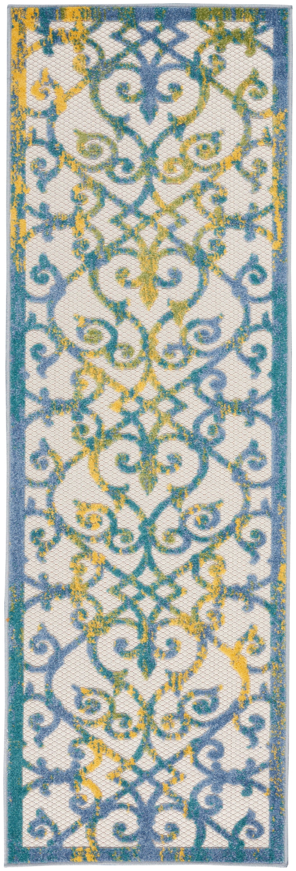 Narrow decorative rug runner with ornate blue & yellow scrolling pattern on ivory background, teal border.