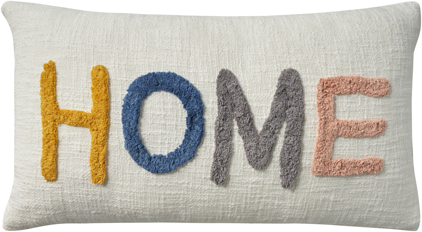 Beige rectangular throw pillow with textured fabric and tufted letters spelling HOME in yellow, blue, gray, and pink.