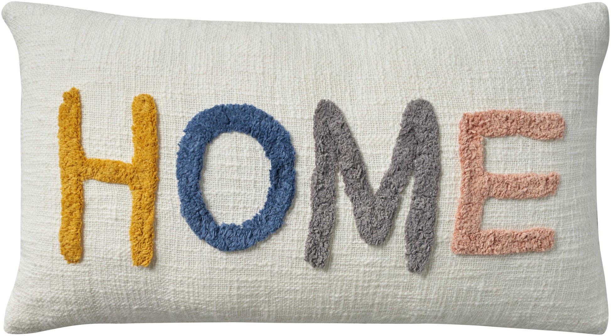 Beige rectangular throw pillow with textured fabric and tufted letters spelling HOME in yellow, blue, gray, and pink.