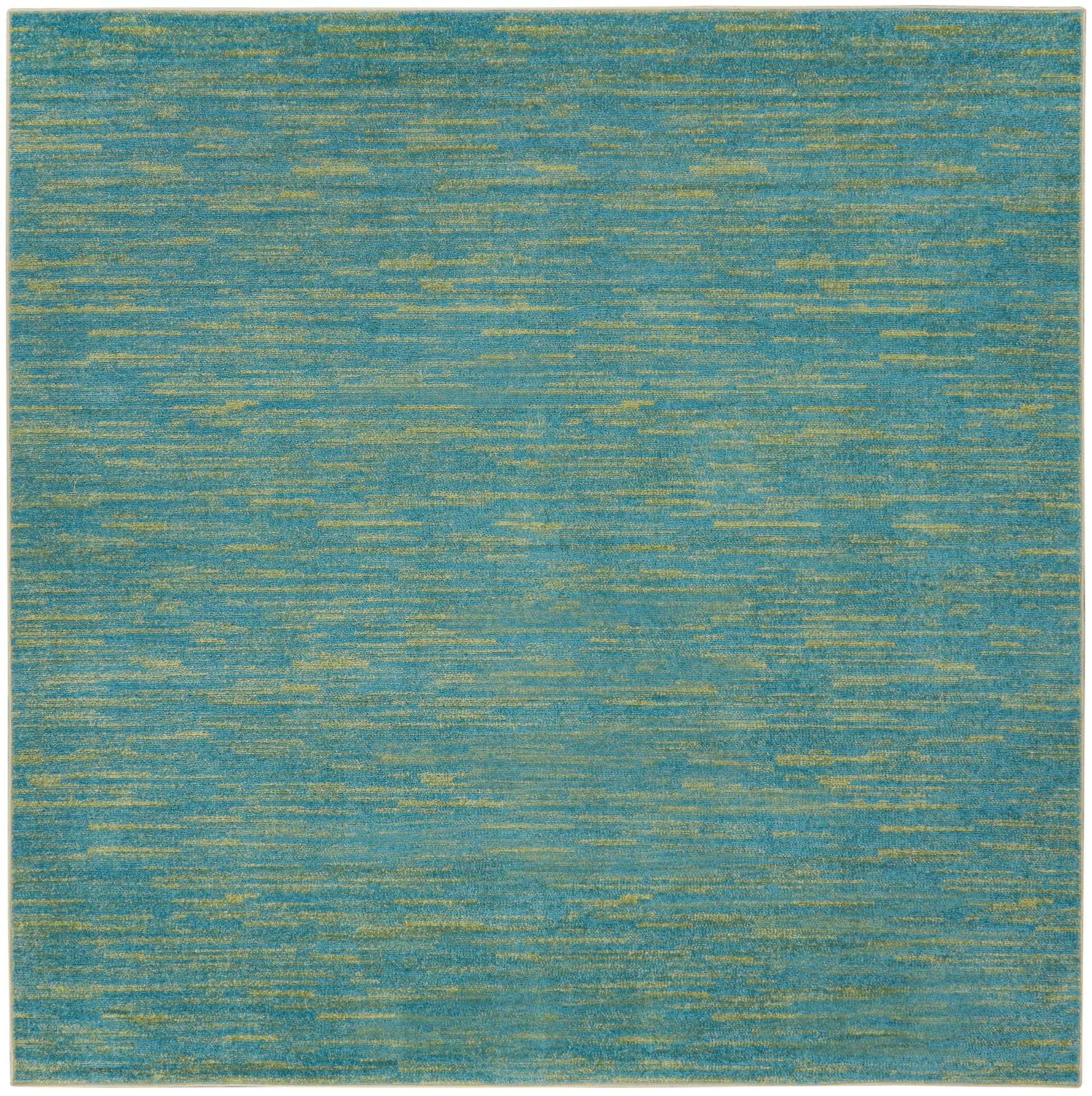 Teal-blue woven outdoor rug with gold streaks for a modern, textured look.