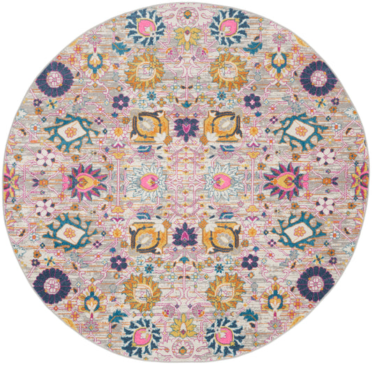 Round rug featuring a vivid Persian-inspired floral pattern in pink, teal, yellow, orange, and purple on an ivory background.