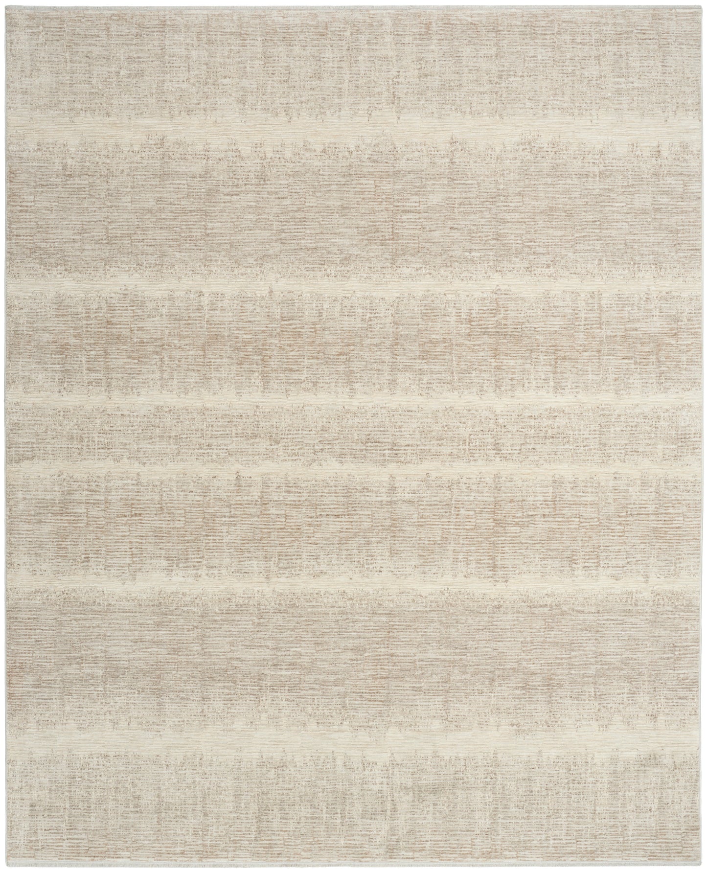 Beige textured area rug with subtle horizontal bands in cream and taupe, modern minimalist style.