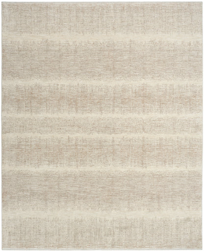 Beige textured area rug with subtle horizontal bands in cream and taupe, modern minimalist style.