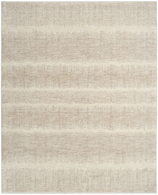 Beige textured area rug with subtle horizontal bands in cream and taupe, modern minimalist style.