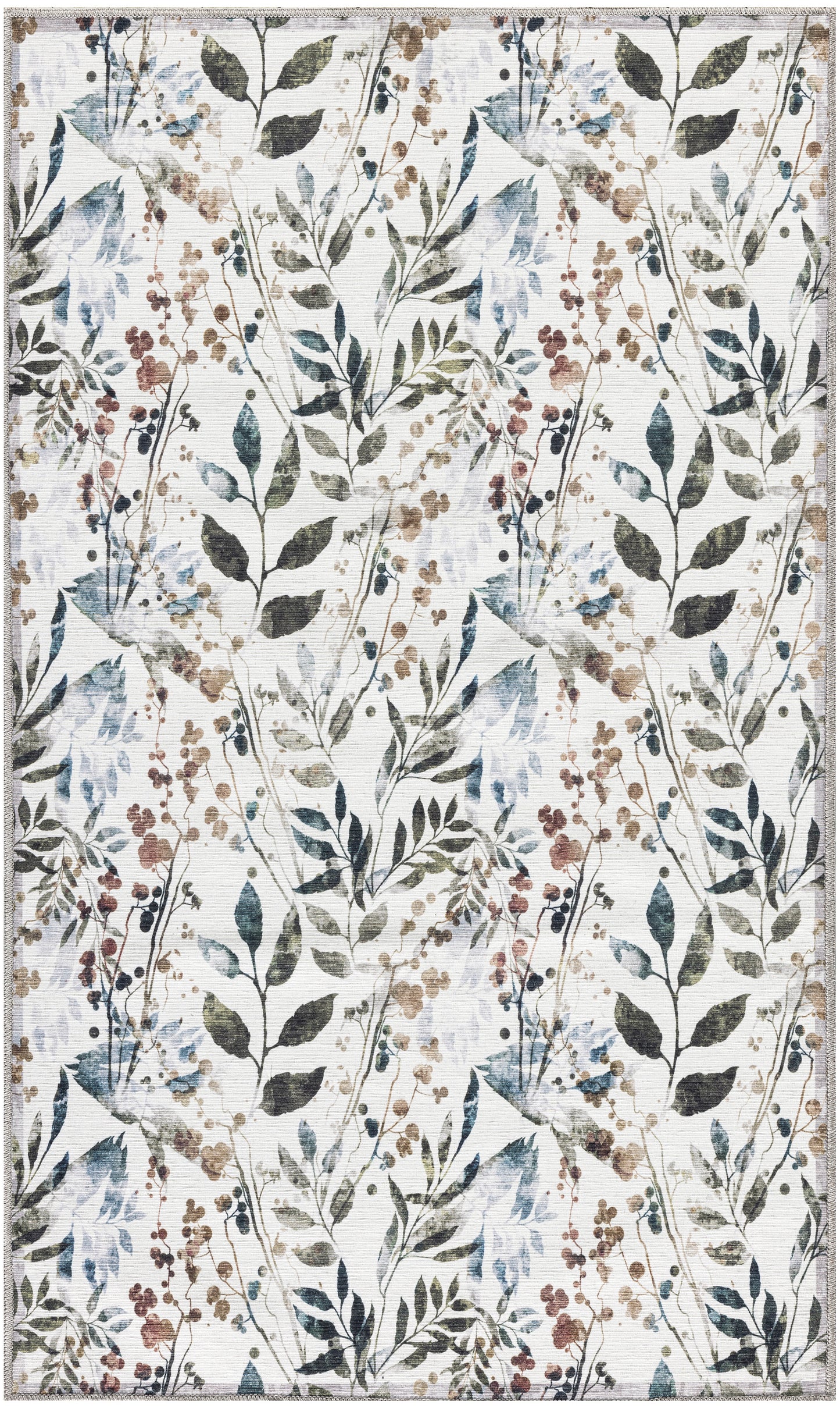 Rectangular botanical rug with blue-green leaves and brown berries on ivory background; woven texture.