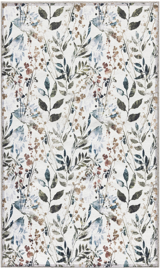 Rectangular botanical rug with blue-green leaves and brown berries on ivory background; woven texture.
