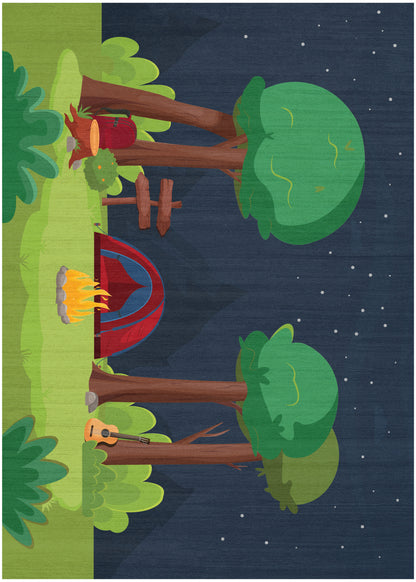 Cartoon camping scene at night: campfire on grass, red tent, leafy trees, starry sky.
