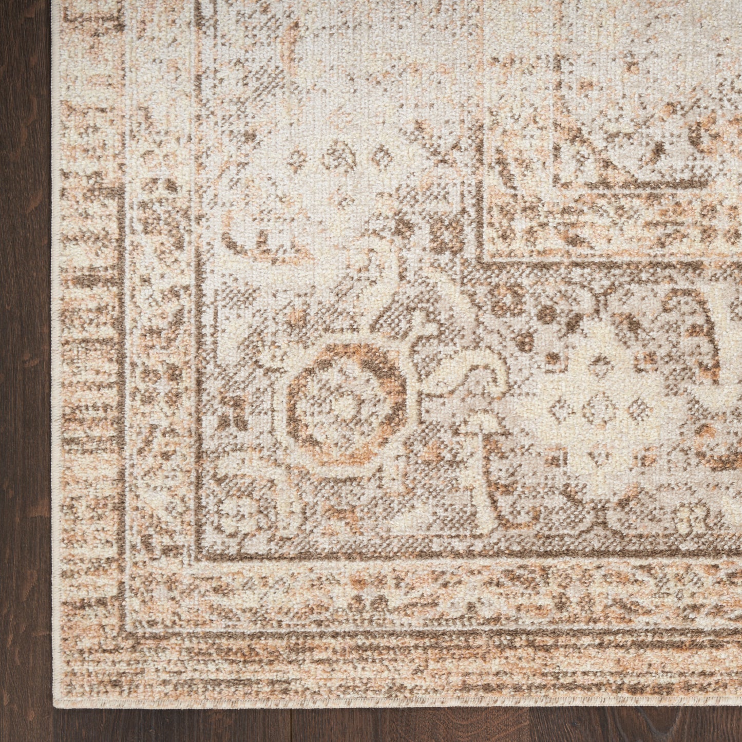 Beige and brown traditional oriental area rug with floral motifs and ornate border, rectangular on dark wood floor.