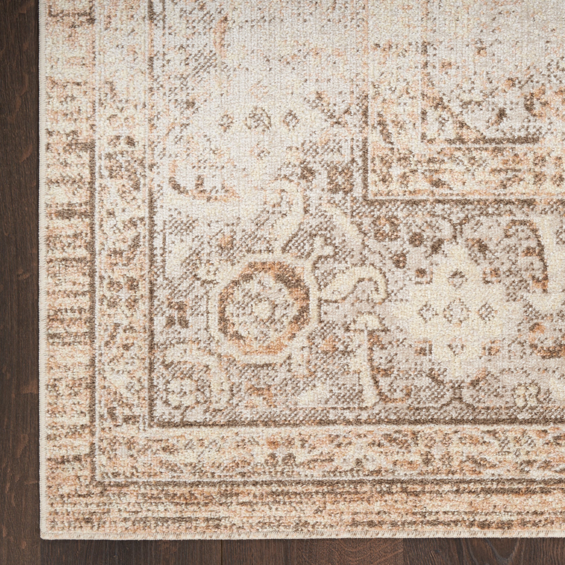 Beige and brown traditional oriental area rug with floral motifs and ornate border, rectangular on dark wood floor.