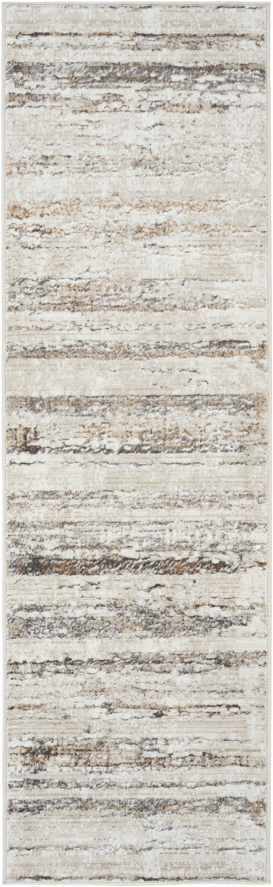 Neutral distressed striped runner rug in beige, taupe and gray; woven flatweave, long rectangular.