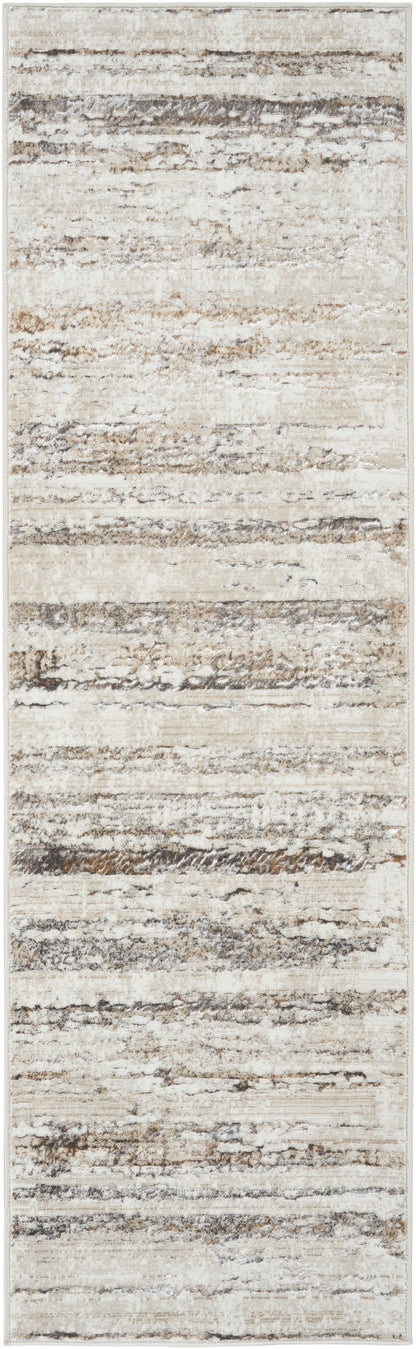 Neutral distressed striped runner rug in beige, taupe and gray; woven flatweave, long rectangular.