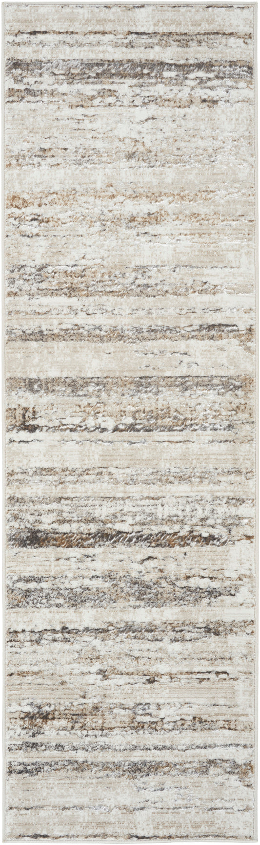 Neutral distressed striped runner rug in beige, taupe and gray; woven flatweave, long rectangular.