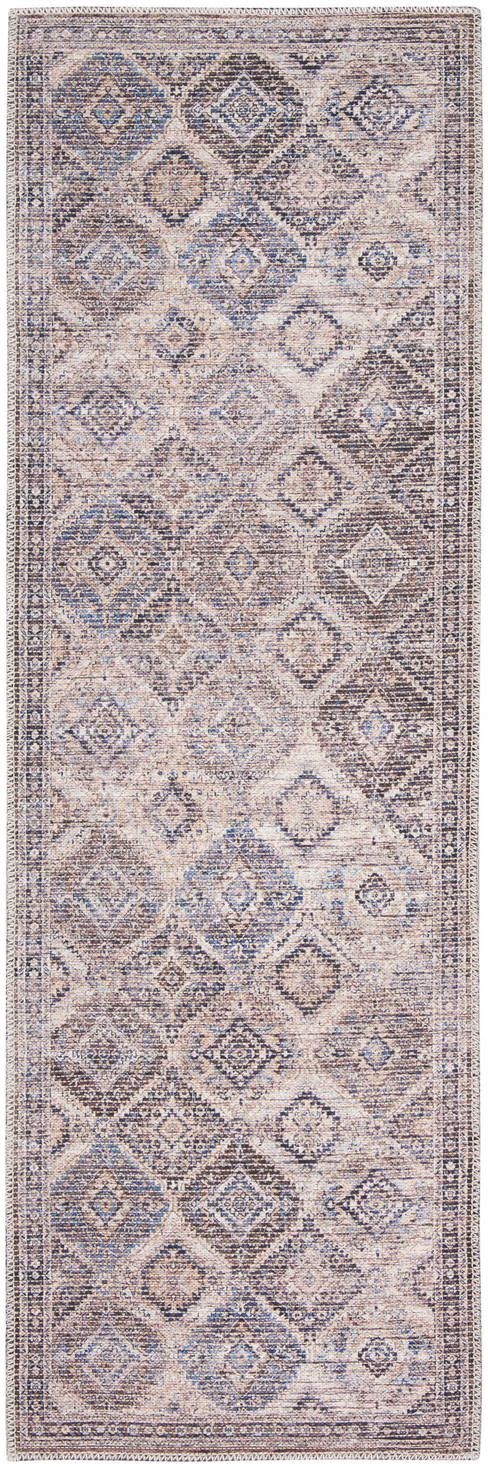 Distressed vintage-style runner rug with blue, taupe and cream diamond motifs in a geometric Oriental pattern.