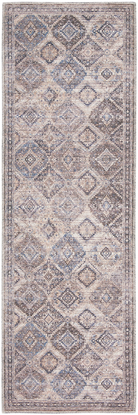 Distressed vintage-style runner rug with blue, taupe and cream diamond motifs in a geometric Oriental pattern.
