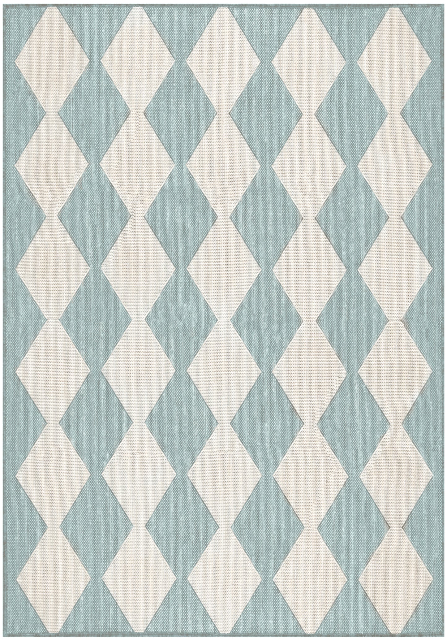 Rectangular teal and cream diamond rug with a woven texture and geometric modern decor.