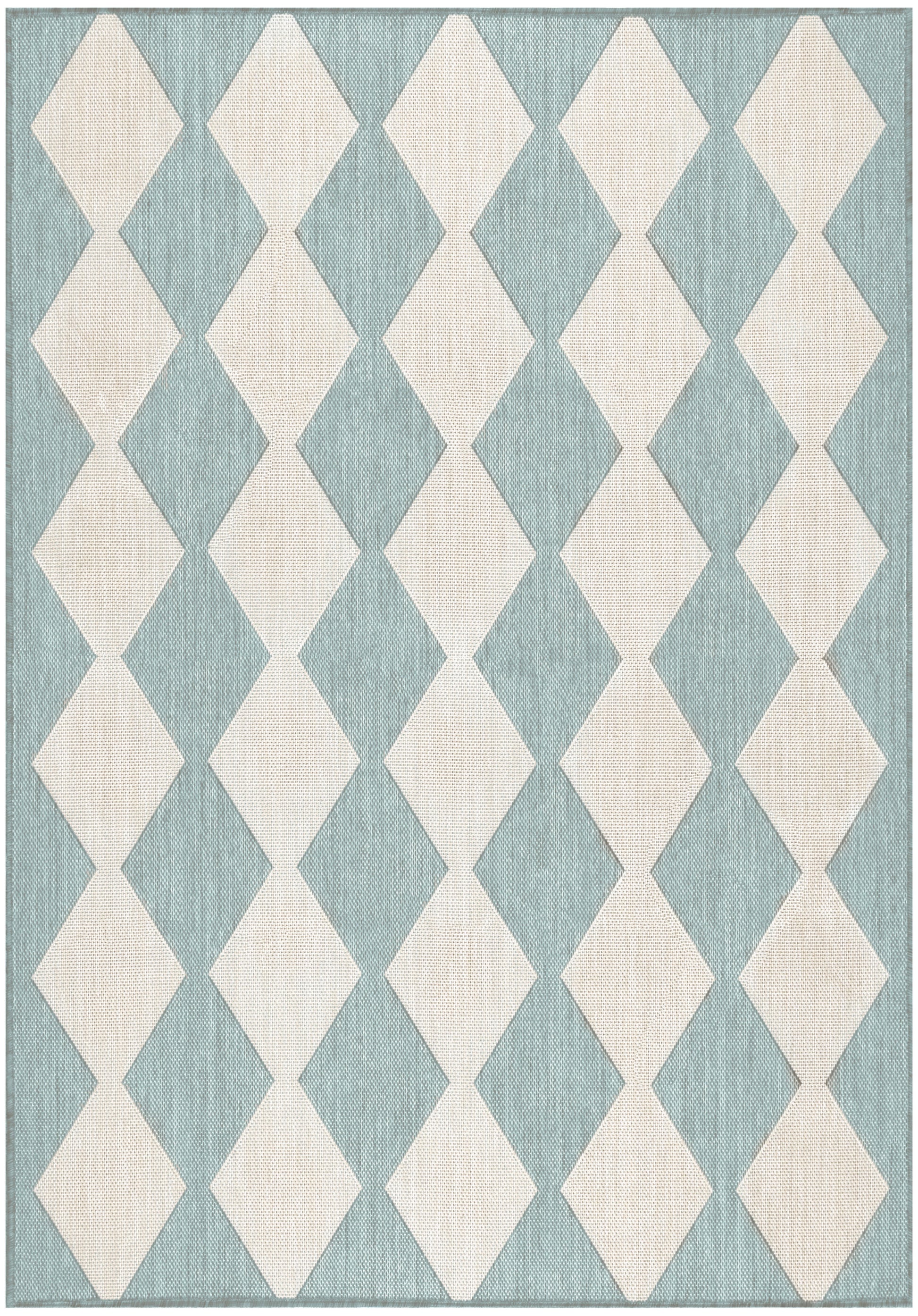Rectangular teal and cream diamond rug with a woven texture and geometric modern decor.