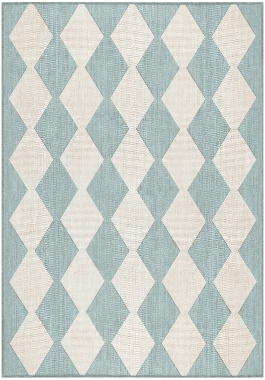 Rectangular teal and cream diamond rug with a woven texture and geometric modern decor.