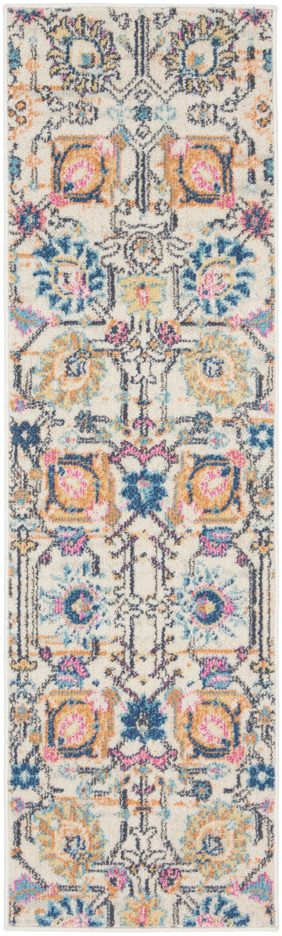 Colorful oriental-style runner rug on cream background with blue teal orange pink floral motifs, intricate borders.