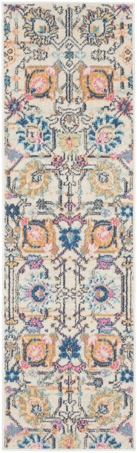 Colorful oriental-style runner rug on cream background with blue teal orange pink floral motifs, intricate borders.