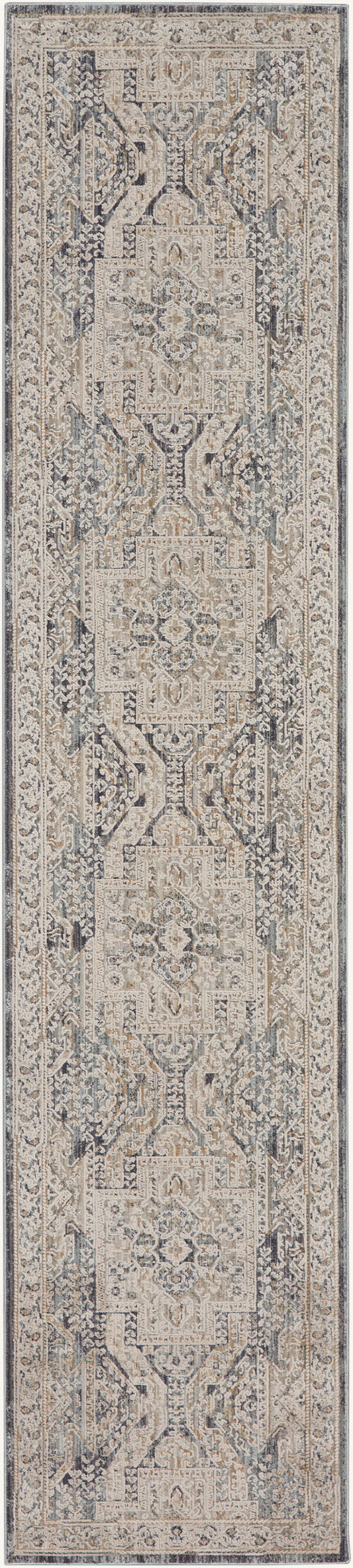 Oriental-style runner rug in beige and ivory with blue-gray geometric medallions and ornate border, distressed look.