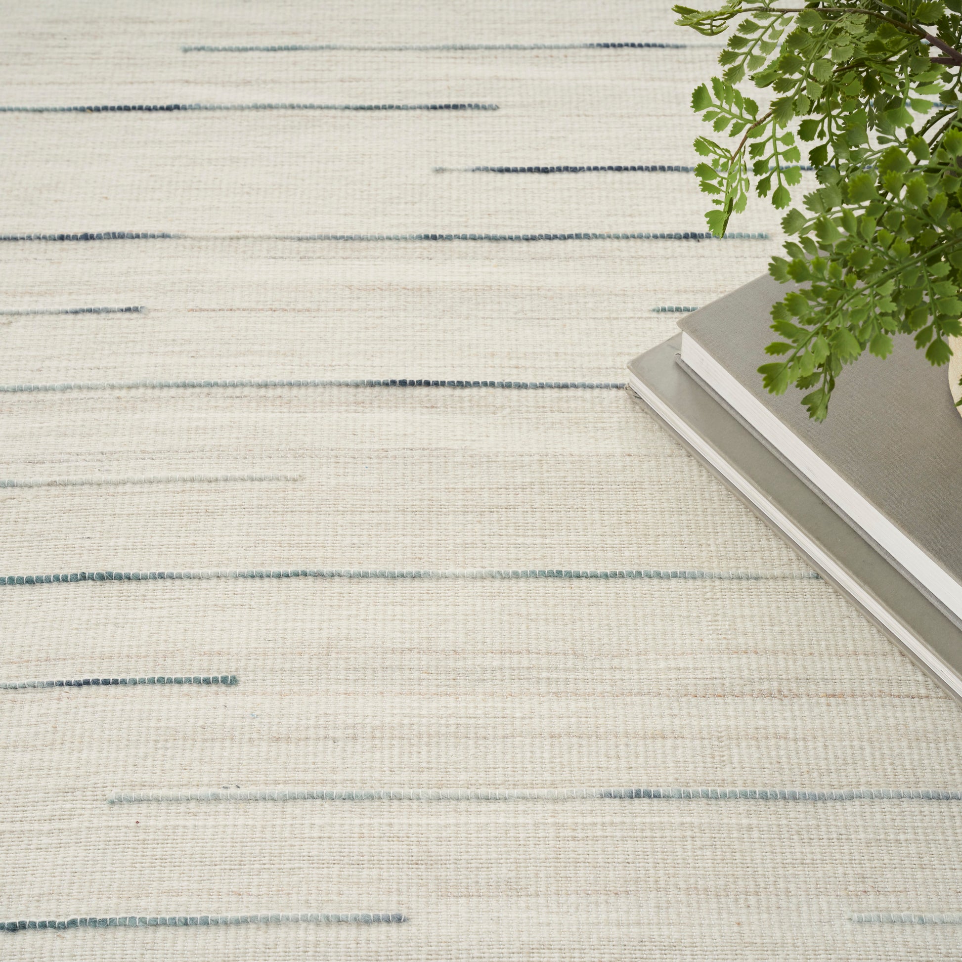 Cream textured rug with light blue horizontal stripes, gray book stack in corner, trailing green fern.