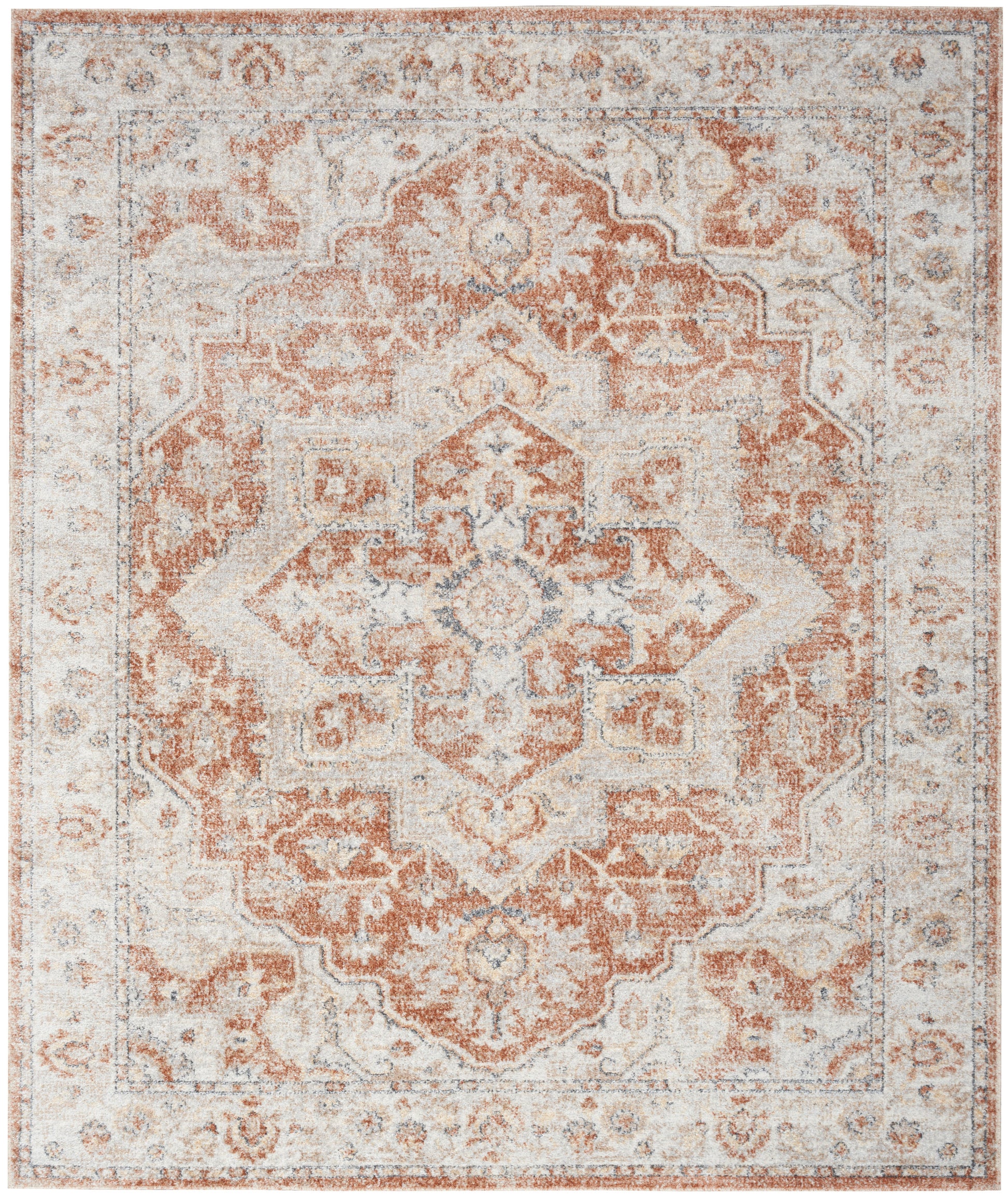 Rectangular vintage-style oriental rug in peach, ivory and light gray with central medallion and floral border.