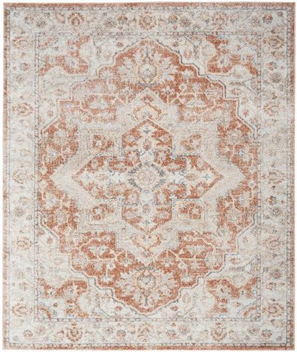 Rectangular vintage-style oriental rug in peach, ivory and light gray with central medallion and floral border.