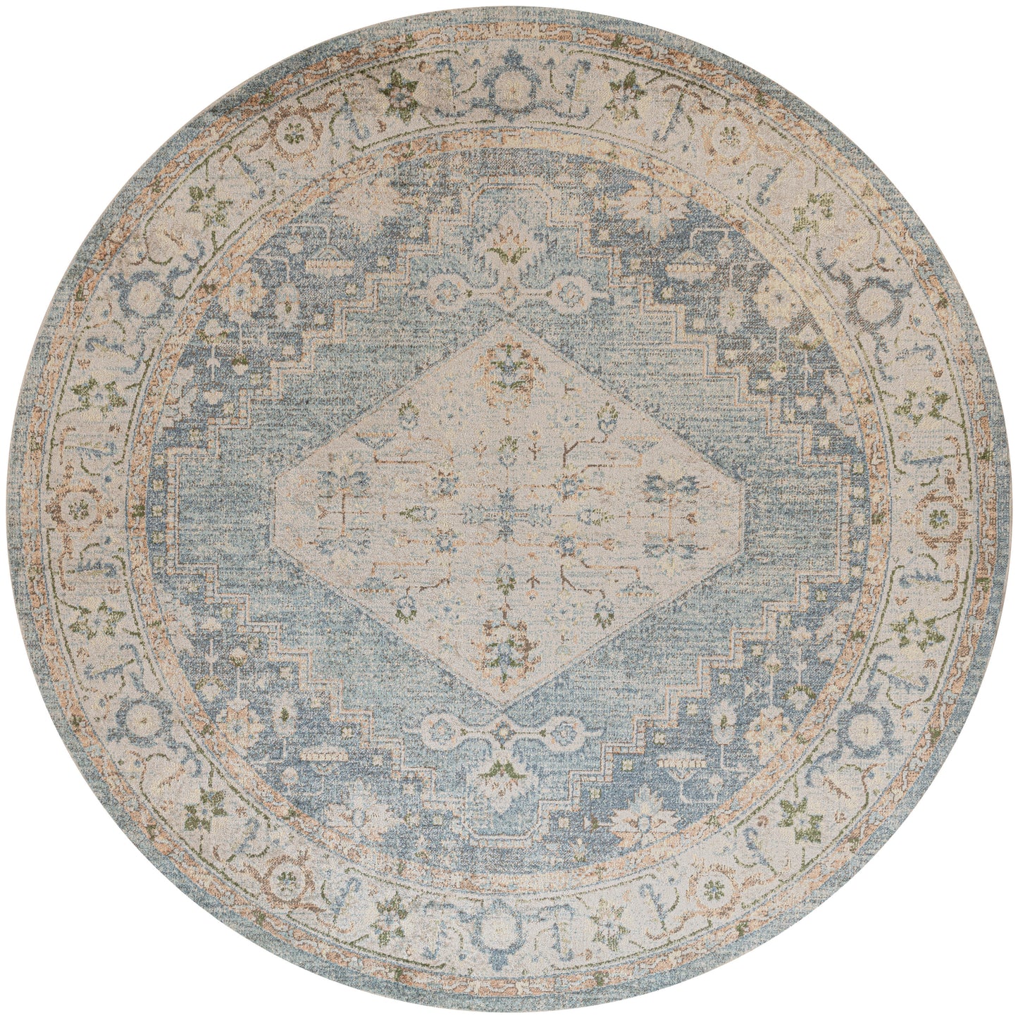 Round vintage-inspired rug with pale blue center diamond motif, beige border and muted floral accents.