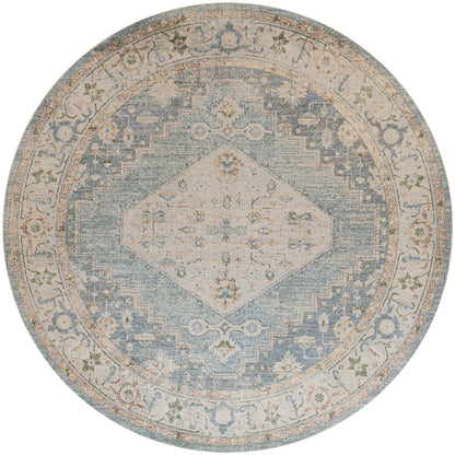 Round vintage-inspired rug with pale blue center diamond motif, beige border and muted floral accents.