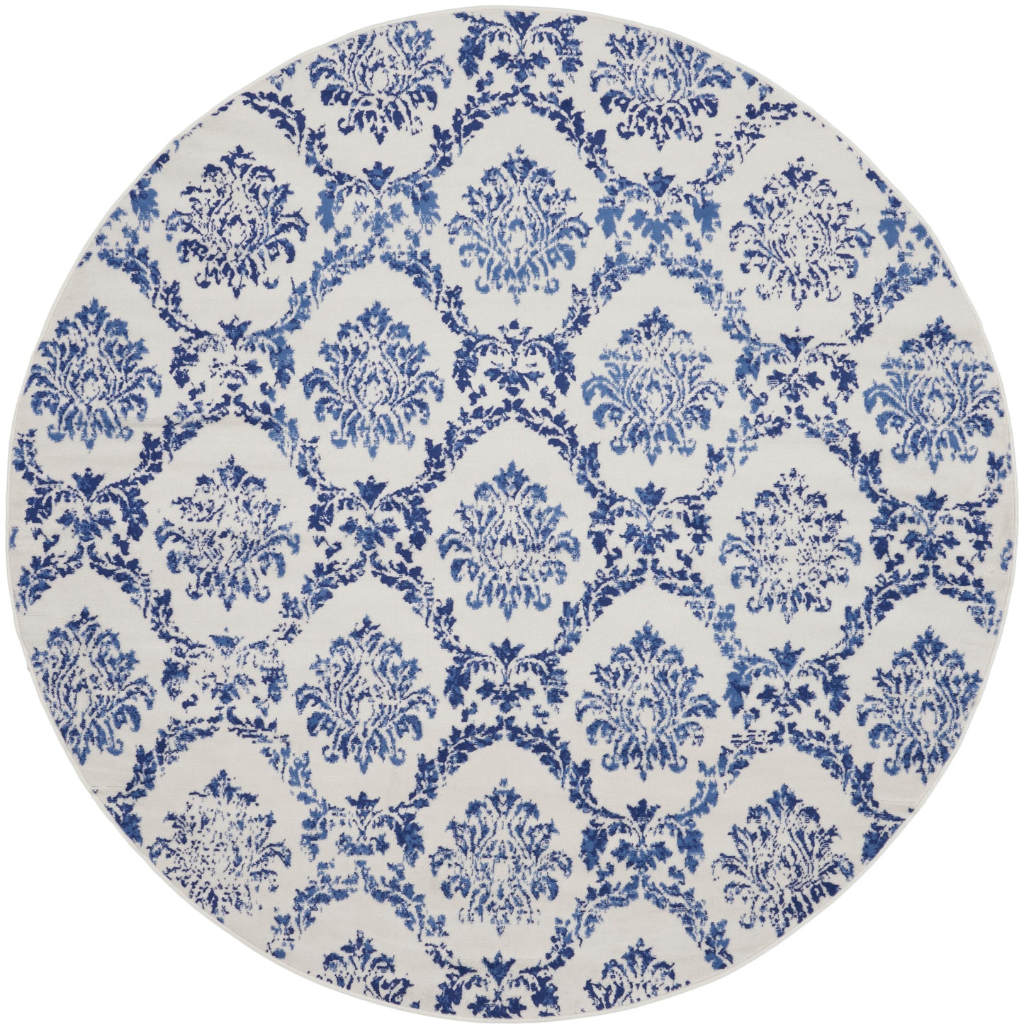 Round farmhouse-style rug; decorative floor covering.