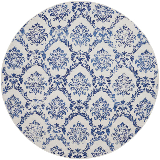 Round farmhouse-style rug; decorative floor covering.