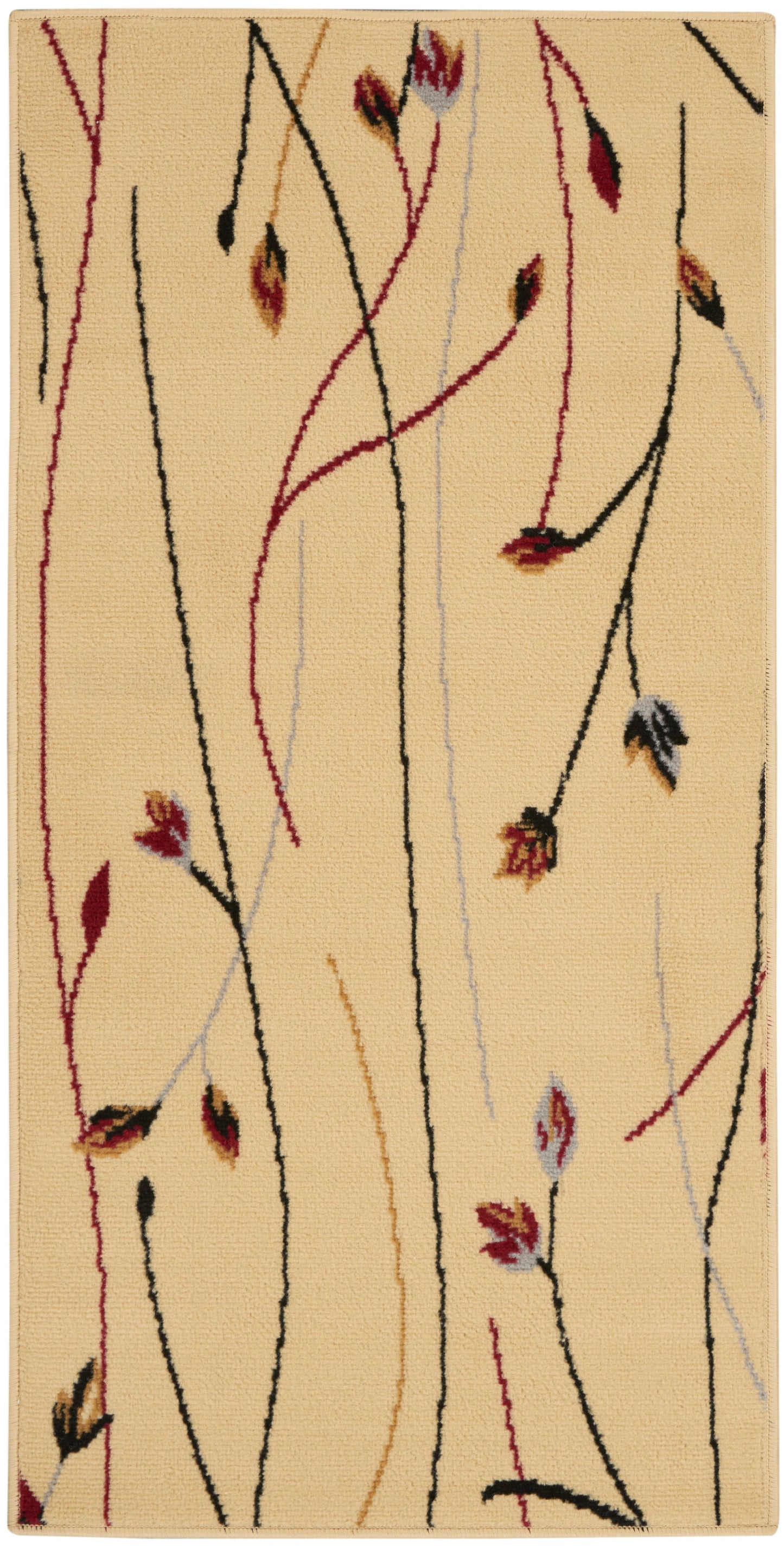 Beige rectangular rug with abstract vine lines in black, red, tan and pale blue; modern botanical design.