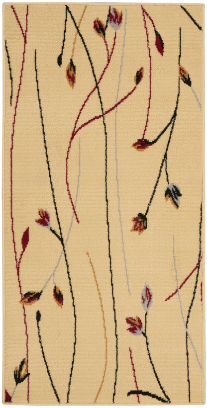 Beige rectangular rug with abstract vine lines in black, red, tan and pale blue; modern botanical design.