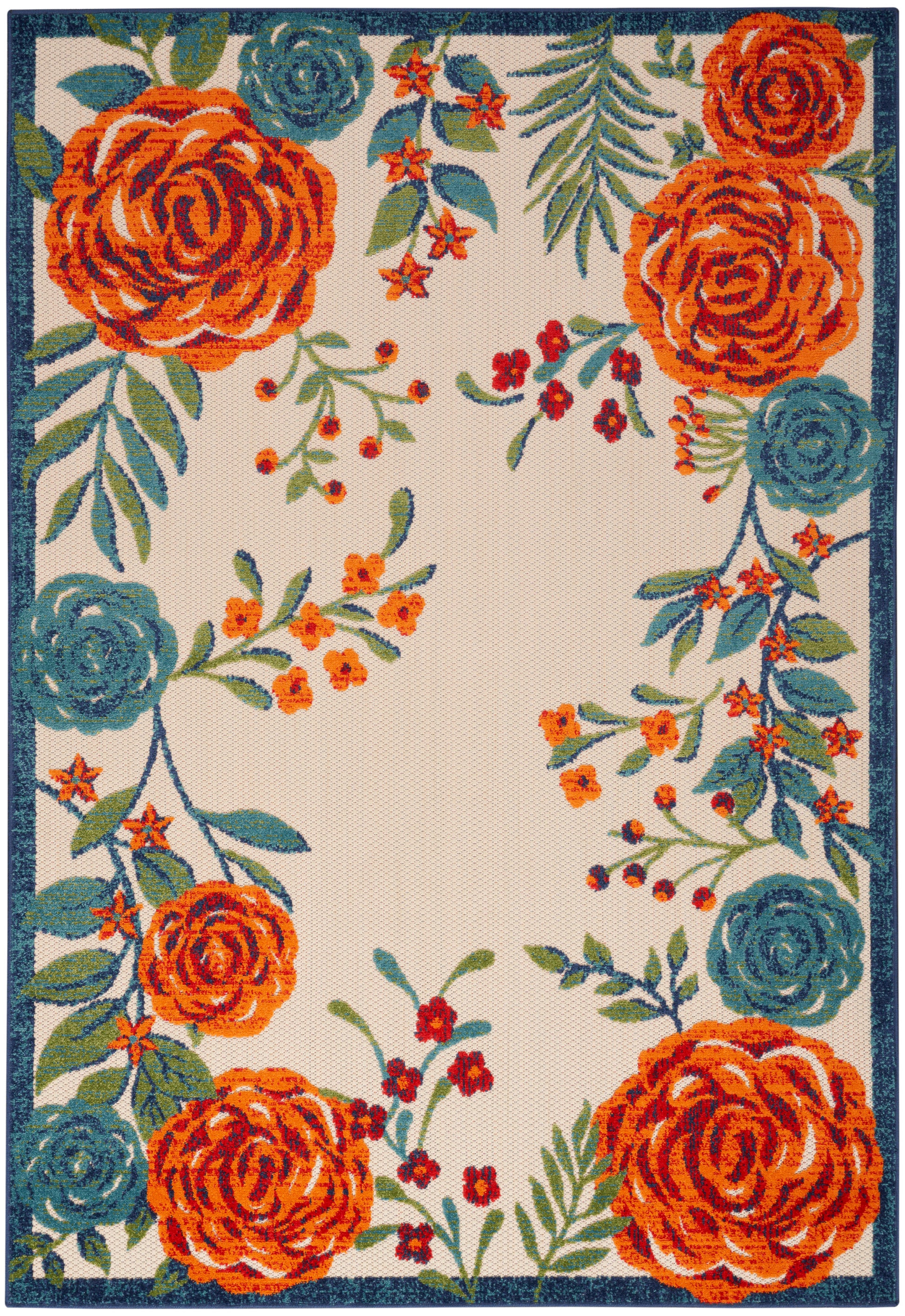 Rectangular area rug with cream backdrop, bold orange roses, teal-blue blooms, green leaves, and a dark teal border.